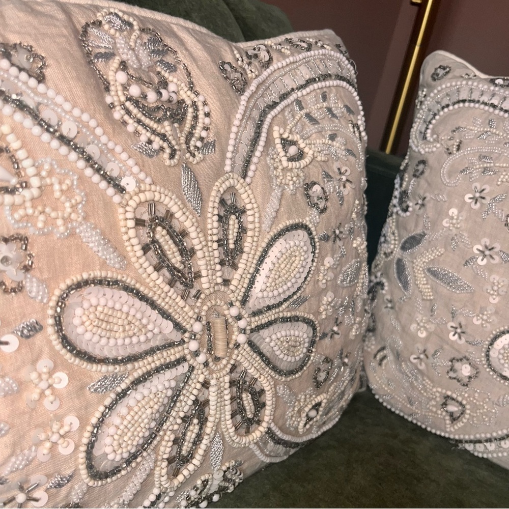 NOBLE EXCELLENCE® Two Embroidered Jeweled Tan Cream & Silver Decorative Pillows - Picture 9 of 15